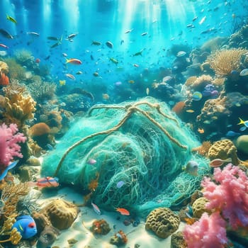 Plastic waste on the seabed in the reef. Fish mortality and pollution of the oceans. Nature pollution