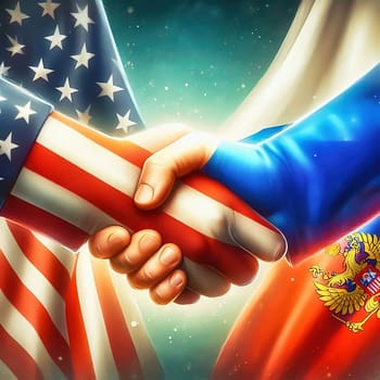 Symbolic handshake between the USA and Russia, with flags on their hands. An expression of diplomacy, cooperation or geopolitical tension.
