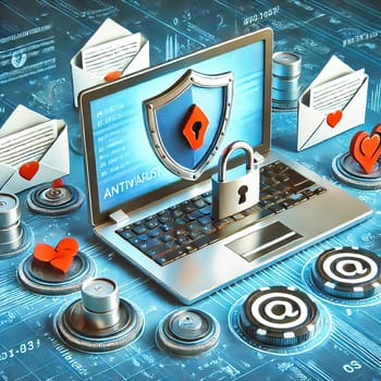 3D representation of a laptop with email security icon surrounded by digital icons. Concept for data protection, spam protection and cyber security.