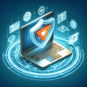 3D representation of a laptop with email security icon surrounded by digital icons. Concept for data protection, spam protection and cyber security.