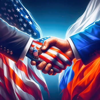 Symbolic handshake between the USA and Russia, with flags on their hands. An expression of diplomacy, cooperation or geopolitical tension.