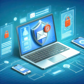 3D representation of a laptop with email security icon surrounded by digital icons. Concept for data protection, spam protection and cyber security.