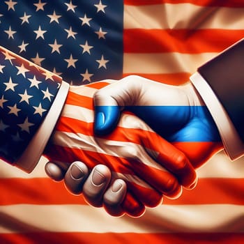 Symbolic handshake between the USA and Russia, with flags on their hands. An expression of diplomacy, cooperation or geopolitical tension.