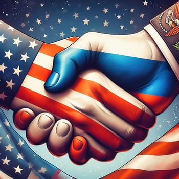 Symbolic handshake between the USA and Russia, with flags on their hands. An expression of diplomacy, cooperation or geopolitical tension.