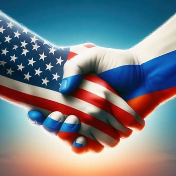 Symbolic handshake between the USA and Russia, with flags on their hands. An expression of diplomacy, cooperation or geopolitical tension.