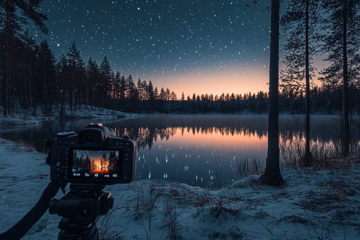 The camera is set up near a forest lake on a clear starry night.