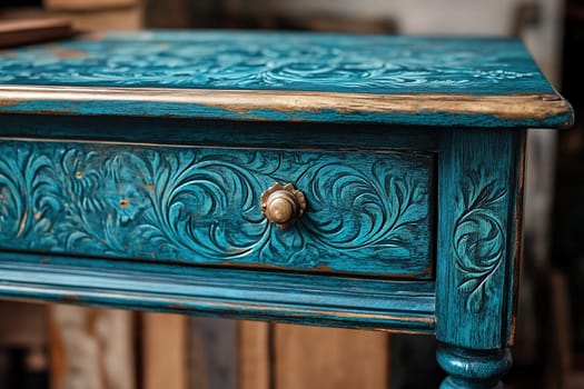 Photo of an antique wooden table in turquoise color with a drawer and carvings as decoration.