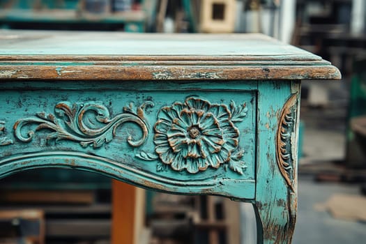 A detailed photo of an antique carved table before its restoration.