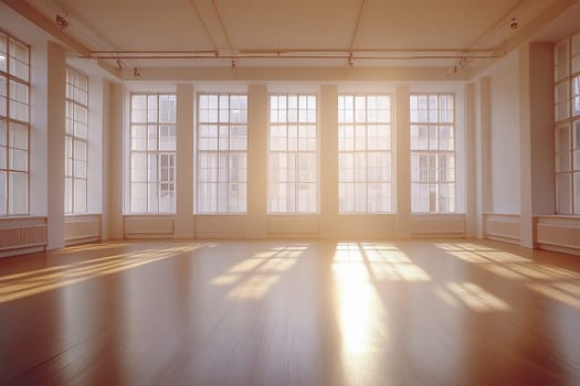 A spacious, empty, bright room with large windows and wooden floors is suitable for a dance or yoga studio.