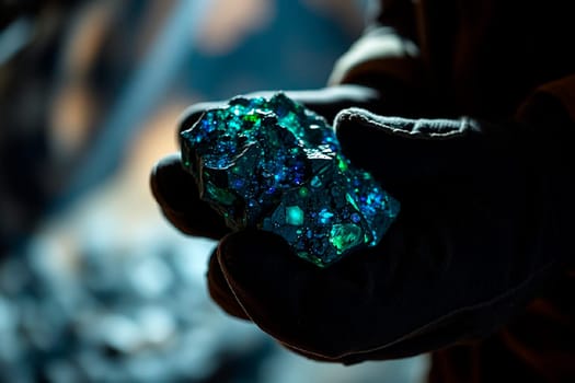 Close-Up of Miner's Hands Holding Rare Earth Metal Ore with Natural Texture and Mineral Deposits.