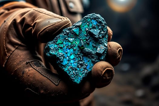 Hardworking Miner's Hands Holding Rare Earth Ore in a Dark Underground Mine.