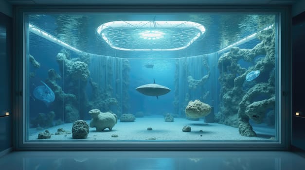 A serene underwater habitat captures various marine life in a contemporary aquarium. Coral formations and unique rock structures provide a home for diverse species swimming gracefully.