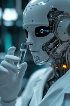 robot in a laboratory with a test tube in his hands. Selective focus. science.