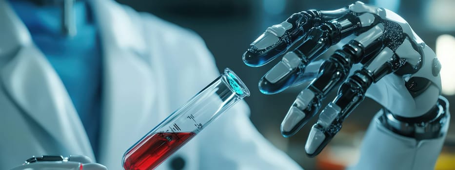 robot in a laboratory with a test tube in his hands. Selective focus. science.