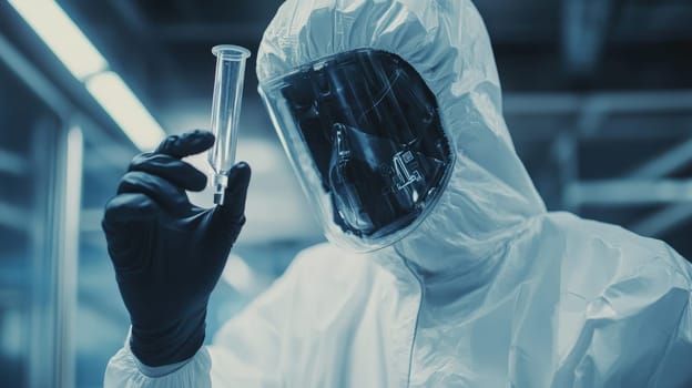 robot in a laboratory with a test tube in his hands. Selective focus. science.