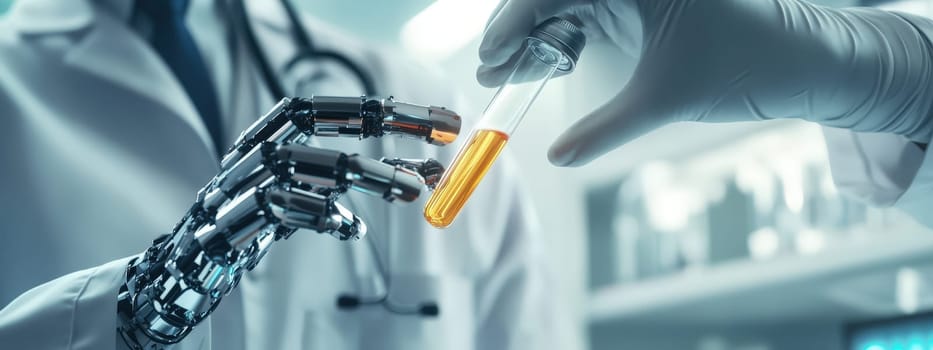 robot in a laboratory with a test tube in his hands. Selective focus. science.