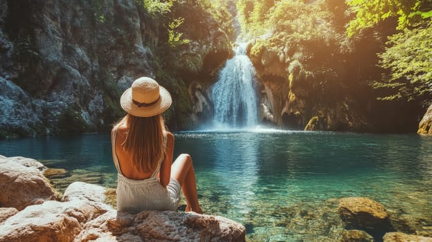woman looking at beautiful waterfalls. Selective focus. nature.