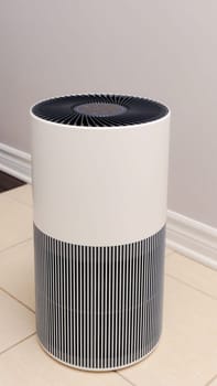 Tall round air purifier with a black top fan and a white body on a tile floor against the wall.