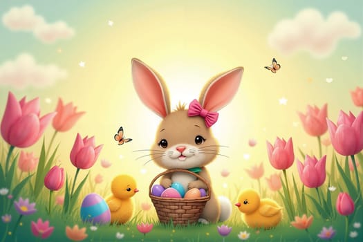 A charming Easter bunny with a pink bow holds a basket of colorful eggs, flanked by cheerful chicks and blooming flowers under a bright sky. Generative AI.