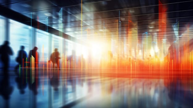 Passengers await their flights in a bustling airport terminal, illuminated by the warm glow of the setting sun through large windows. Abstract background - Generative AI.