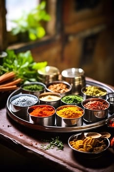 A well-organized tray displays vibrant spices in small containers atop a wooden table, surrounded by fresh herbs and seasonal ingredients. Generative AI.