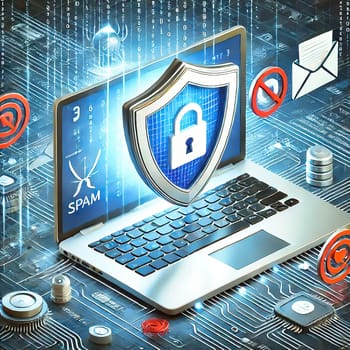 3D representation of a laptop with email security icon surrounded by digital icons. Concept for data protection, spam protection and cyber security.