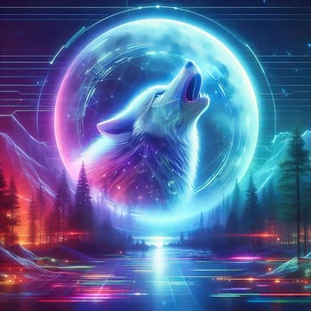 Futuristic holographic wolf howls in front of a glowing moon, surrounded by a digital forest and sci-fi elements. Mystical cyber aesthetics in blue light.