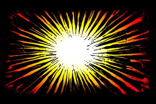 Hand painted background image with star-shaped expanding coarse brush strokes from white to yellow to red strokes on a black background.
