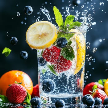 Freshly prepared healthy infused water features sparkling water with vibrant lemon slices and an assortment of berries. The drink is splashing, creating a refreshing, inviting atmosphere.