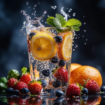 Refreshing healthy infused water with sparkling water splashing from a glass filled with vibrant orange slices, blueberries, and strawberries, garnished with mint leaves.