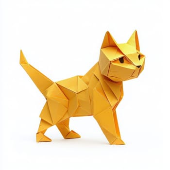 A striking origami cat stands in a playful pose, crafted from bright yellow paper. The precise folds create a dynamic shape, showcasing the art of origami and feline elegance.