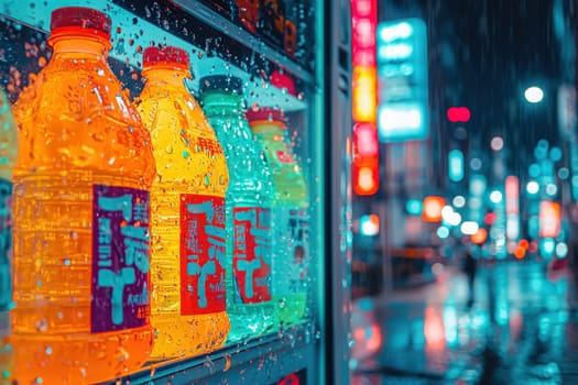 Brightly lit bottles of sports drinks are visible in a vending machine. Rain droplets cover the glass, reflecting colorful city lights, creating a vibrant atmosphere during a rainy evening.