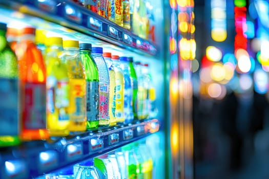 A vending machine filled with various colorful drinks stands brightly lit in a bustling city.