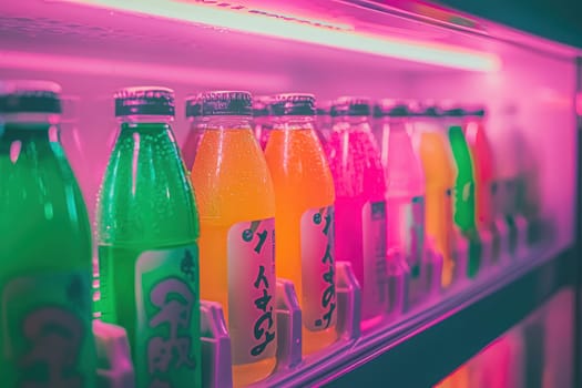 A variety of colorful bottled drinks are lined up in a bright display. The bottles feature different hues, with glowing light reflecting off their surfaces, creating a visually striking arrangement.