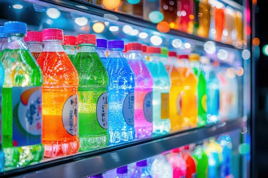 A vibrant assortment of bottled drinks is illuminated in a night market setting. Various colors reflect off the bottles, enticing visitors as they browse for refreshments.