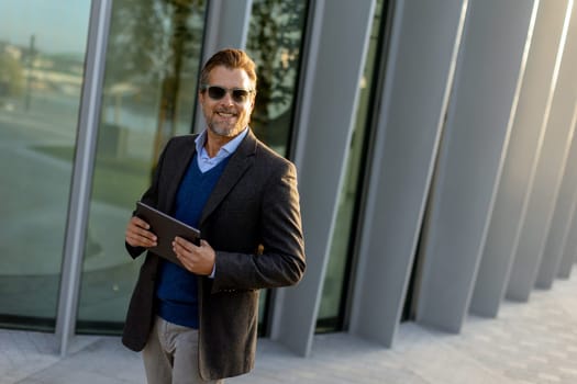 A man in business attire stands relaxed against a sleek structure, smiling while holding a tablet, embodying a blend of professionalism and leisure on a sunny day.