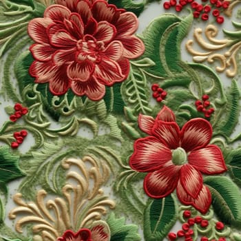 Embroided seamless pattern tile with red flowers, created with generative AI