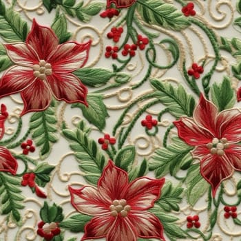 Embroided seamless pattern tile with red flowers, created with generative AI