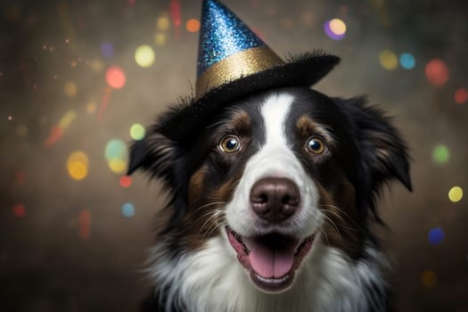 Cute dog with a celebration hat, created with generative AI