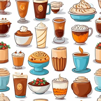 Different types of coffee in cartoon style seamless pattern tile, created with generative AI
