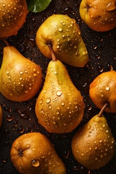 Pile of fresh pears with water drops, created with generative AI