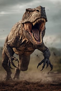 Roaring Tyannosaurus rex dinosaur running toward camera, created with generative AI