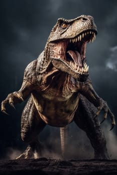Roaring Tyannosaurus rex dinosaur running toward camera, created with generative AI