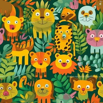 Cartoon style jungle creatures seamless pattern tile, created with generative AI