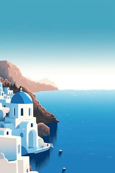 Mnimalist flat illustration poster of Santorini island in Greece, created with a generative AI