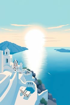Mnimalist flat illustration poster of Santorini island in Greece, created with a generative AI