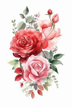 Red rose pastel watercolor painting on the white background, created with generative AI