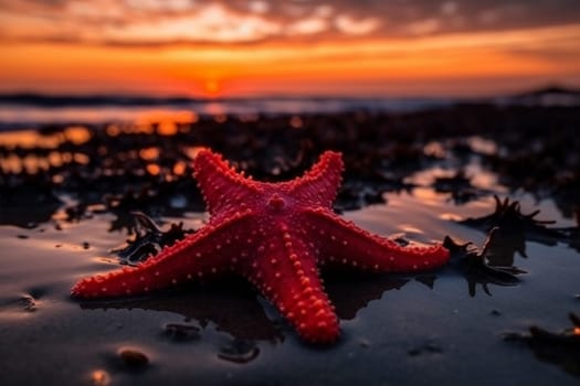 Red seastar laying on the sandy beach at sunset, created with generative AI