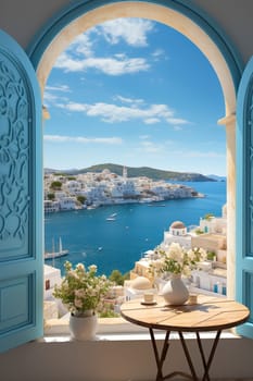 Open window with view to a beautiful Greek scenery, created with generative AI