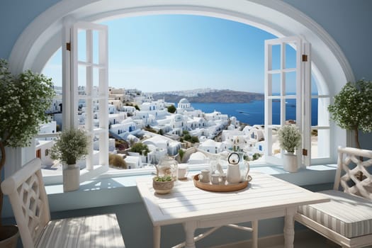 Open window with view to a beautiful Greek scenery, created with generative AI